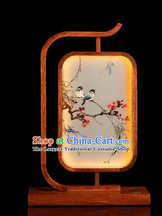 Chinese Handmade Merbau Craft Traditional Hunan Embroidery Plum Birds Table Screen Embroidered Desk Lamp