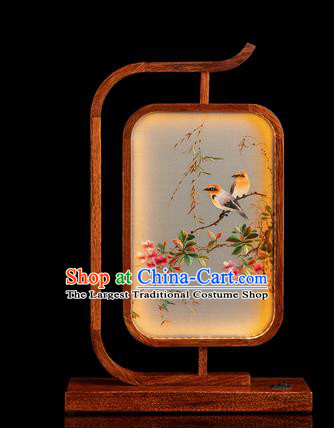 Chinese Embroidered Desk Lamp Handmade Merbau Craft Traditional Hunan Embroidery Peach Blossom Table Screen