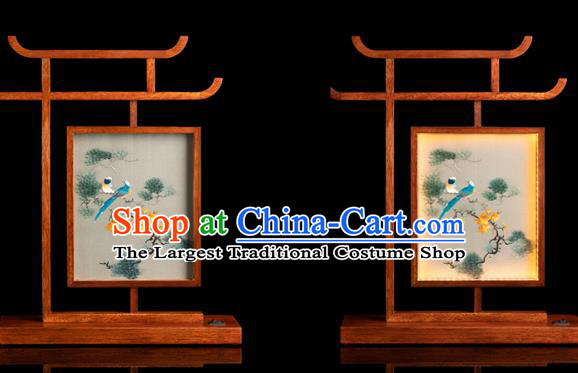 Chinese Double Side Embroidered Desk Lamp Handmade Merbau Craft Traditional Hunan Embroidery Pine Birds Table Screen