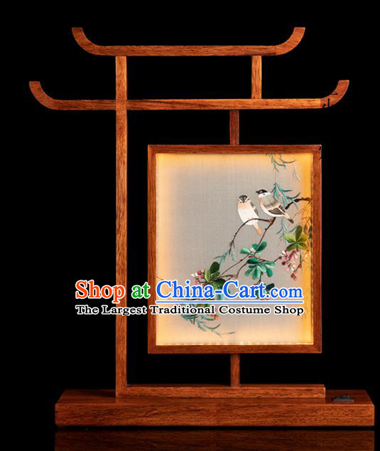 Chinese Traditional Hunan Embroidery Begonia Table Screen Double Side Embroidered Desk Lamp Handmade Merbau Craft