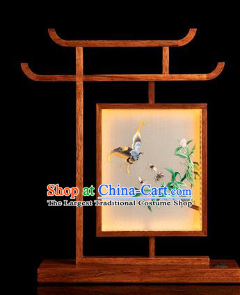 Chinese Handmade Merbau Craft Traditional Hunan Embroidery Butterfly Table Screen Double Side Embroidered Desk Lamp