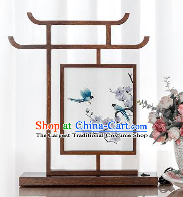 Chinese Handmade Merbau Desk Lamp Traditional Hunan Embroidery Mangnolia Table Screen