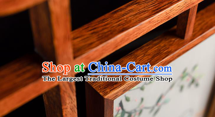 Chinese Handmade Merbau Desk Lamp Traditional Hunan Embroidery Mangnolia Table Screen