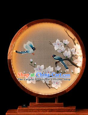 Chinese Handmade Merbau Circular Desk Lamp Traditional Hunan Embroidery Mangnolia Table Screen