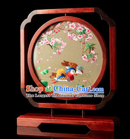 Chinese Handmade Rosewood Craft Desk Ornament Traditional Hunan Double Side Embroidery Mandarin Duck Table Screen