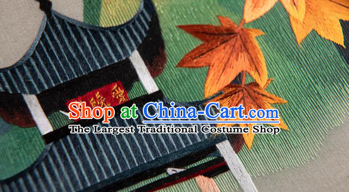 Chinese Desk Circular Ornament Traditional Hunan Embroidery Pavilion Table Screen Handmade Narra Craft