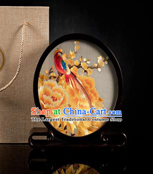 Chinese Traditional Hunan Embroidery Yellow Peony Table Screen Handmade Narra Craft Desk Circular Ornament