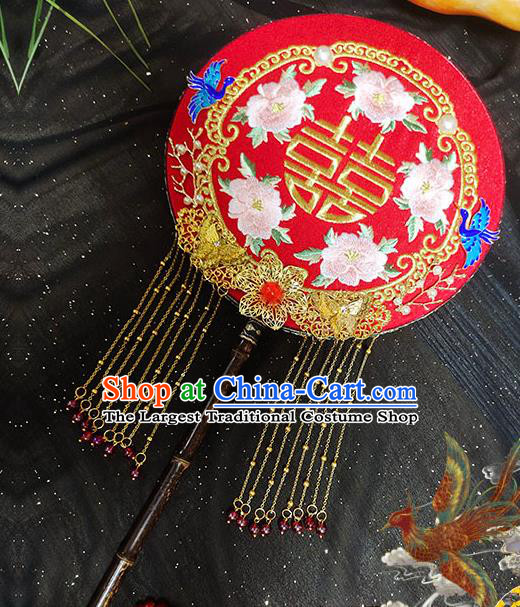China Embroidery Peony Red Silk Palace Fan Traditional Hanfu Fan Handmade Blueing Crane Wedding Fan