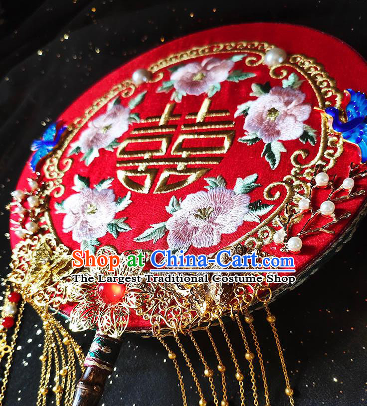 China Embroidery Peony Red Silk Palace Fan Traditional Hanfu Fan Handmade Blueing Crane Wedding Fan