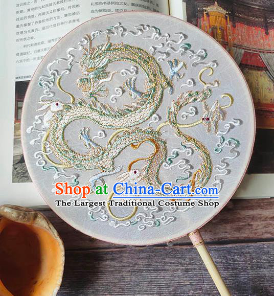 China Handmade Wedding Circular Fan Embroidery Dragon White Silk Palace Fan Traditional Hanfu Fan