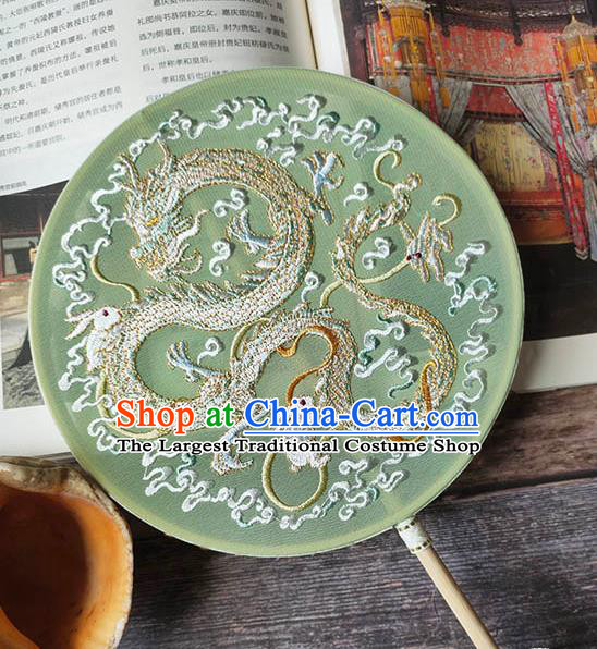 China Traditional Light Green Silk Hanfu Fan Embroidery Dragon Palace Fan Handmade Wedding Circular Fan