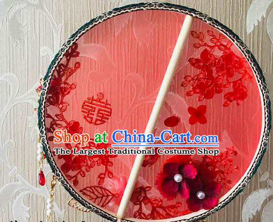 China Traditional Red Silk Hanfu Fan Bride Palace Fan Handmade Wedding Rose Circular Fan
