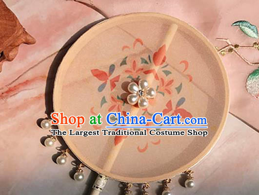 China Ancient Princess Palace Fan Handmade Beige Silk Fan Traditional Hanfu Circular Fan