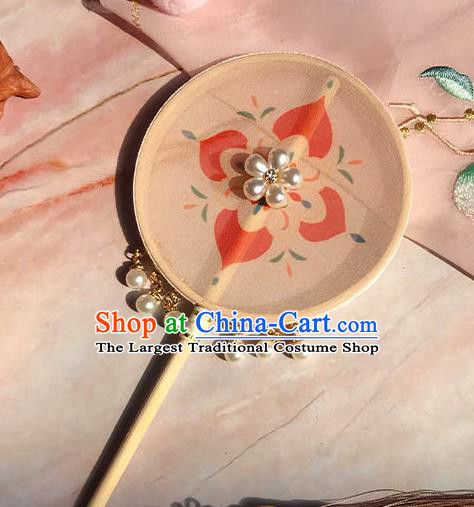 China Handmade Beige Silk Fan Traditional Hanfu Circular Fan Ancient Princess Pearls Palace Fan