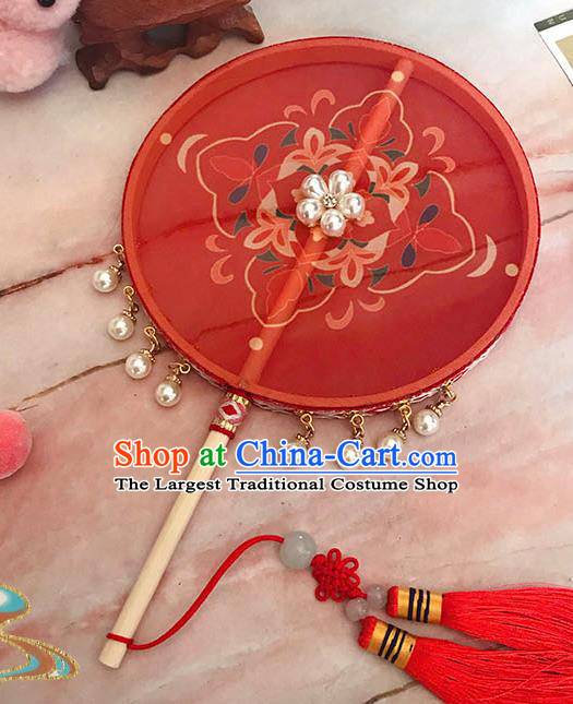 China Traditional Hanfu Circular Fan Ancient Princess Pearls Palace Fan Handmade Red Silk Fan