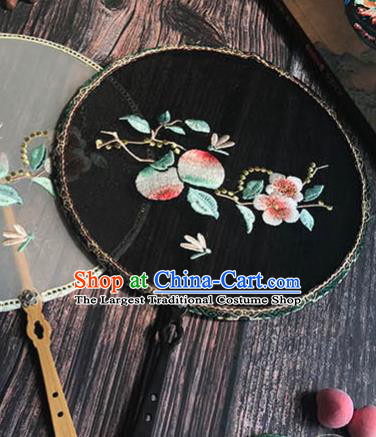 China Handmade Palace Fan Wedding Black Silk Fan Traditional Hanfu Embroidered Peach Flowers Circular Fan
