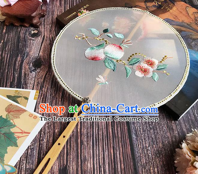 China Traditional Hanfu Embroidered Peach Flowers Circular Fan Handmade Palace Fan Wedding White Silk Fan