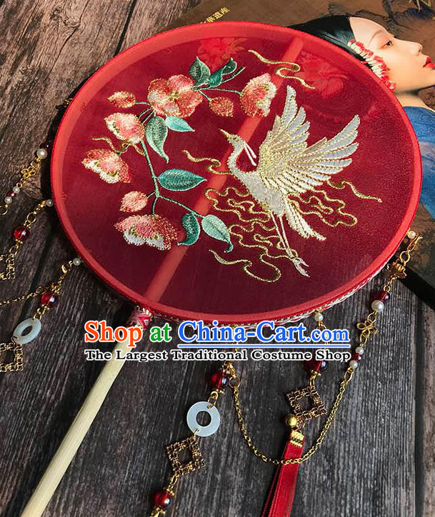 China Wedding Red Silk Fan Handmade Palace Fan Traditional Hanfu Embroidered Begonia Crane Circular Fan