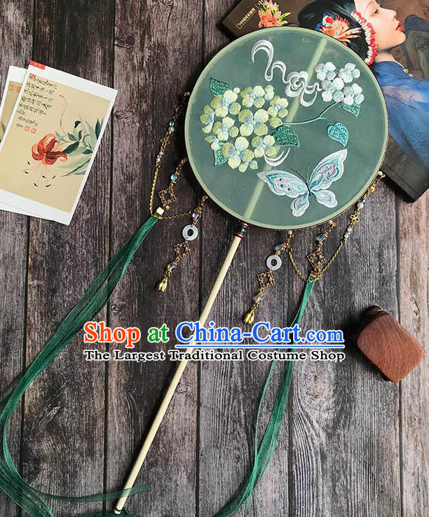 China Wedding Green Silk Fan Handmade Palace Fan Traditional Hanfu Embroidered Hydrangea Butterfly Circular Fan