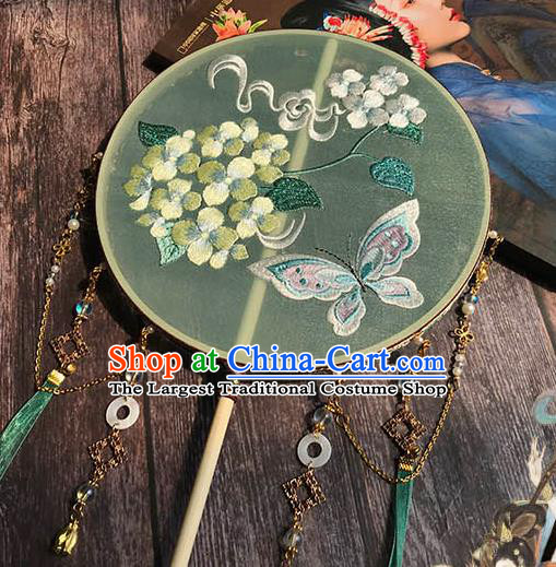 China Wedding Green Silk Fan Handmade Palace Fan Traditional Hanfu Embroidered Hydrangea Butterfly Circular Fan