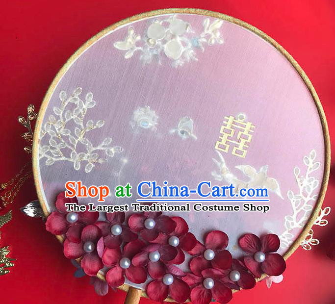 China Bride Circular Fan Wedding Silk Fan Handmade Palace Fan Traditional Red Rose Fan