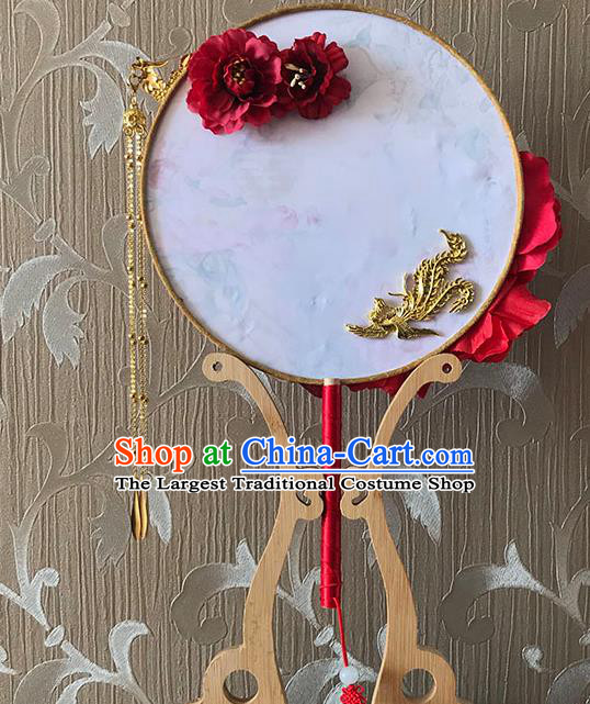 China Traditional Red Peony Fan Bride Circular Fan Wedding Silk Fan Handmade Golden Phoenix Palace Fan