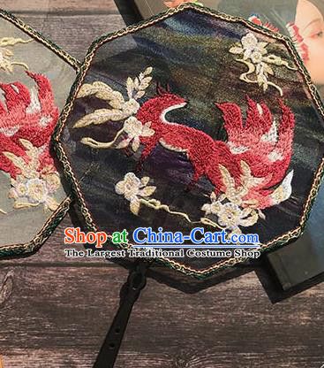 China Traditional Black Silk Fan Wedding Embroidered Nine Tail Fox Fan Handmade Octagon Palace Fan