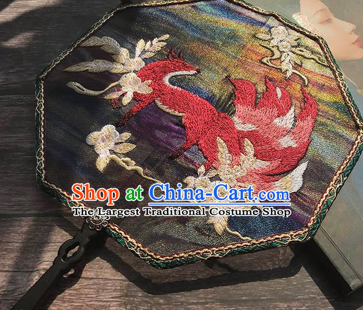 China Traditional Black Silk Fan Wedding Embroidered Nine Tail Fox Fan Handmade Octagon Palace Fan