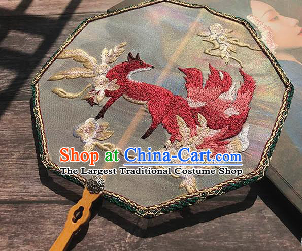 China Handmade Octagon Palace Fan Traditional White Silk Fan Wedding Embroidered Nine Tail Fox Fan