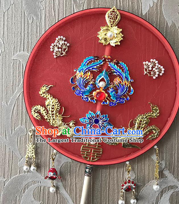 China Handmade Blueing Phoenix Palace Fan Traditional Red Silk Fan Wedding Circular Fan