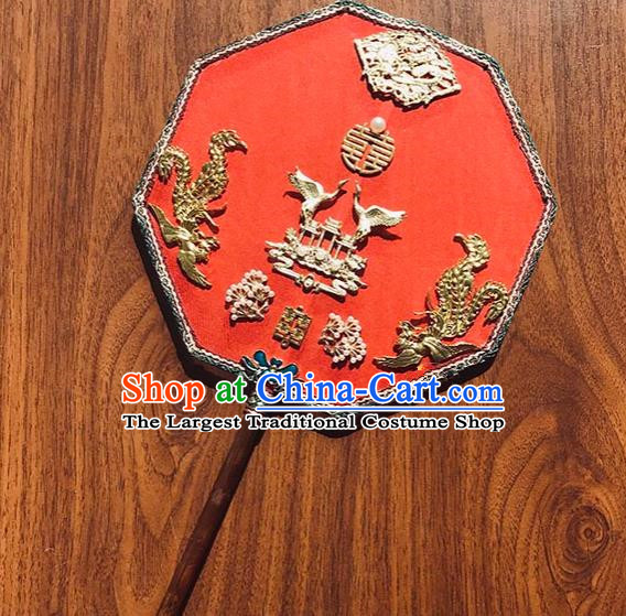 China Traditional Red Silk Fan Wedding Octagon Fan Handmade Golden Crane Palace Fan