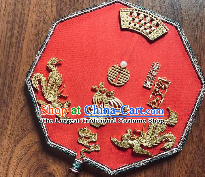 China Handmade Golden Phoenix Palace Fan Traditional Red Silk Fan Wedding Octagon Fan