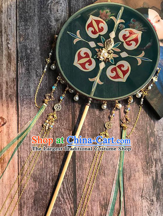 China Handmade Green Silk Palace Fan Wedding Circular Fan Traditional Tang Dynasty Princess Fan