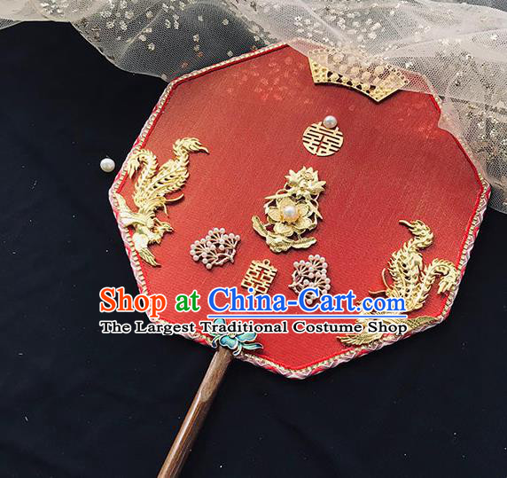 China Traditional Wedding Red Silk Fan Handmade Palace Fan Bride Octagon Fan