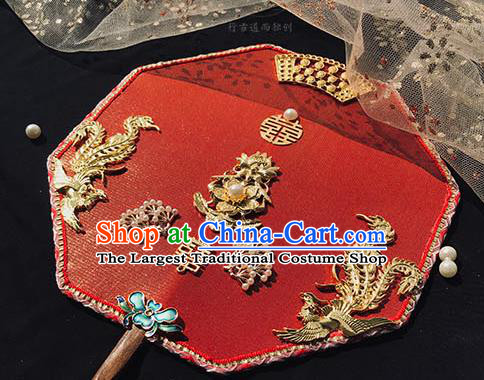 China Traditional Wedding Red Silk Fan Handmade Palace Fan Bride Octagon Fan