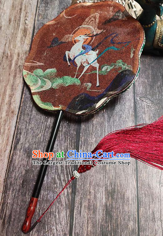 China Handmade Printing Nine Color Deer Palace Fan Traditional Hanfu Fan Brown Silk Fan