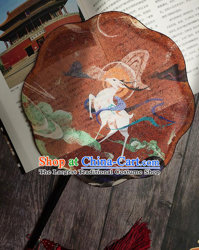 China Handmade Printing Nine Color Deer Palace Fan Traditional Hanfu Fan Brown Silk Fan
