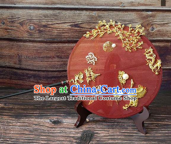 China Traditional Hanfu Golden Crane Circular Fan Ancient Bride Palace Fan Handmade Red Silk Fan