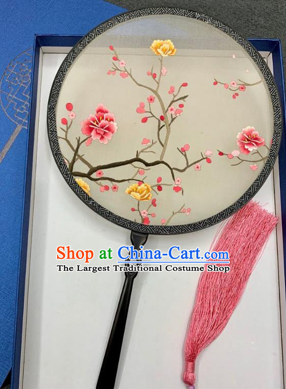China Traditional Hanfu Silk Fan Embroidery Plum Palace Fan Handmade Double Side Embroidered Circular Fan