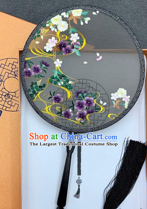 China Handmade Embroidery Palace Fan Double Side Embroidered Black Silk Circular Fan