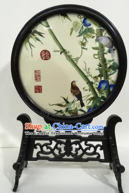 Chinese Traditional Ebony Craft Desk Decoration Handmade Embroidered Petunia Bamboo Table Screen