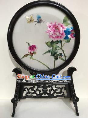 Chinese Traditional Embroidery Craft Handmade Embroidered Peony Table Screen Ebony Desk Decoration