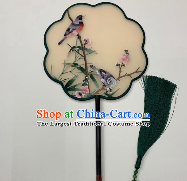 China Handmade Embroidery Plum Bird Palace Fan Mottled Bamboo Fan Beige Silk Fan