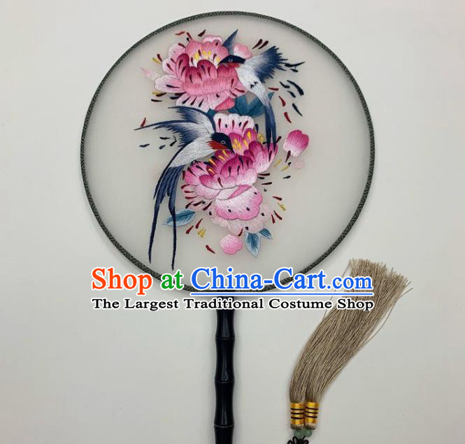 China Handmade Silk Fan Hanfu Circular Fan Embroidery Peony Birds Palace Fan
