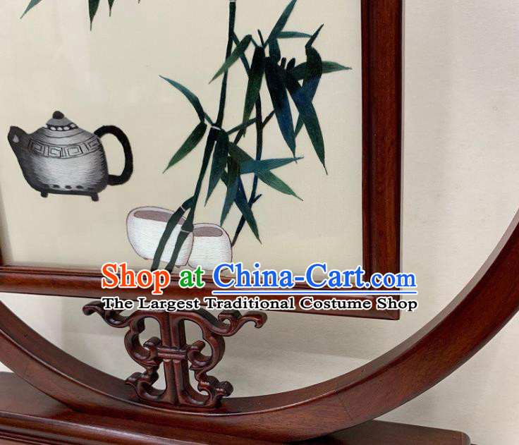 Chinese Embroidered Bamboo Table Screen Traditional Embroidery Craft Handmade Palisander Desk Decoration