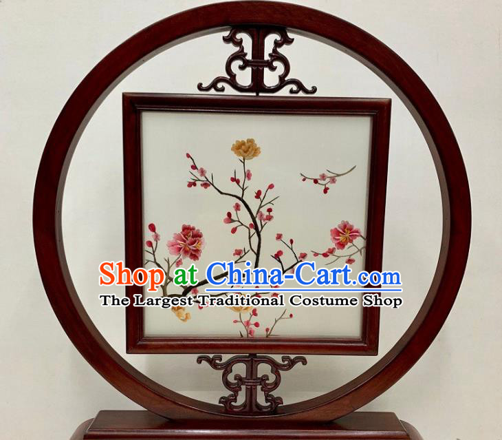 Chinese Embroidery Silk Table Screen Handmade Embroidered Plum Flowers Desk Decoration Traditional Palisander Craft