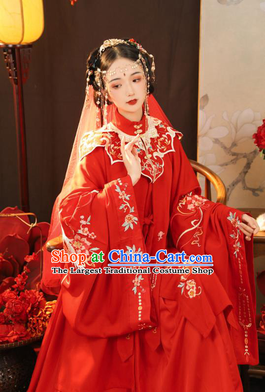 China Ancient Noble Lady Embroidered Red Hanfu Dress Traditional Ming Dynasty Wedding Historical Clothing Full Set