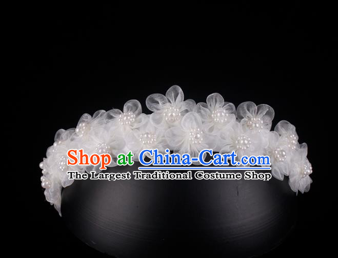 French Bride White Silk Flowers Hair Clasp Hair Accessories Elegant Wedding Pearls Headband