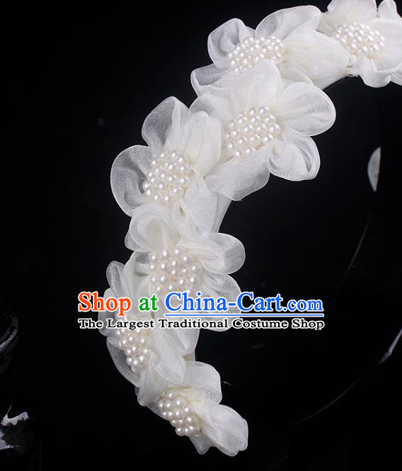 French Wedding Pearls Headband Bride White Silk Flowers Hair Clasp Elegant Hair Accessories