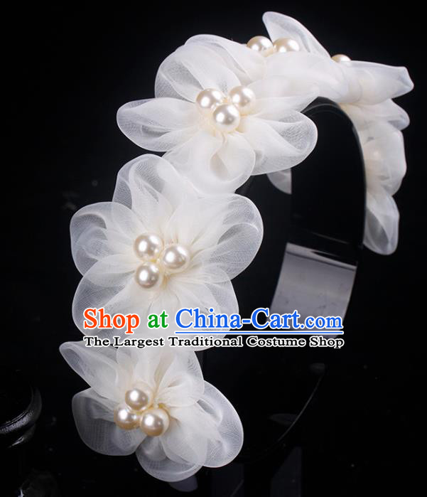 French Wedding Princess Pearls Headband Elegant Hair Accessories Bride Champagne Silk Flowers Hair Clasp